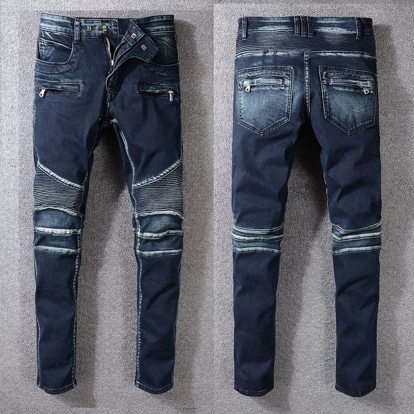 

new 2020 famous fashion brand men's washed pleated design casual blue slim biker jeans man moto denim jeans pants trousers