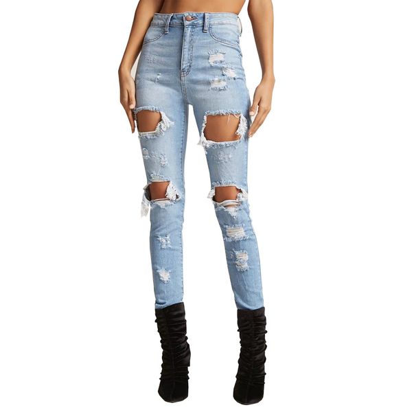 

hole ripped jeans women stretch denim pencil pants casual slim fit jeans summer long trousers mid waist cowboy ripped, Blue