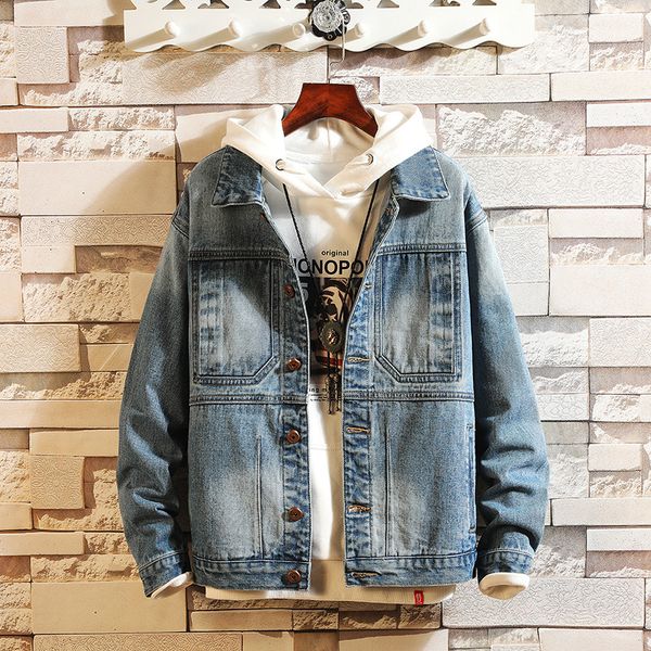

japanese streetwear men's autumn vintage embroidery denim jacket masculine loose cotton warm couple jean bomber pilot jackets, Black;brown