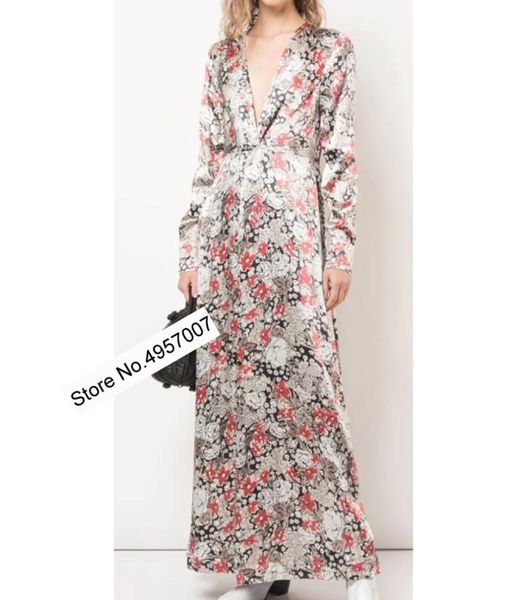 

elfbop viscose floral print deep v neckline vintage-inspired long sleeve maxi dress features front with twisted knot, Black;gray