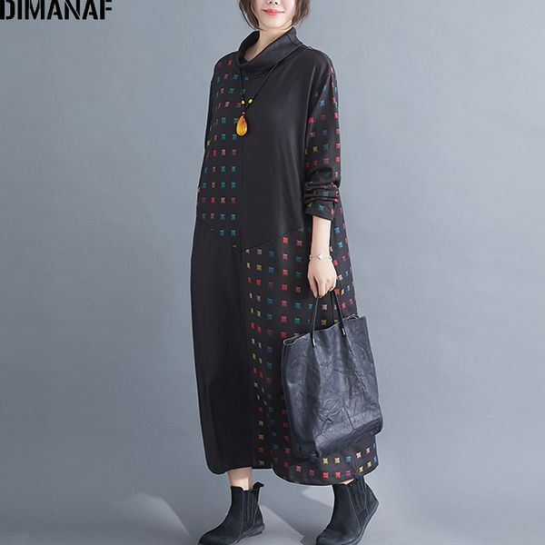 

dimanaf plus size winter vintage women dress turtleneck loose female lady vestidos elegant print black long sleeve maxi dress, Black;gray