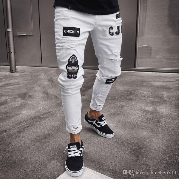 

Hip hop hole jean blue white fa hion treetwear ca ual pant kinny lim fit denim jean 3xl