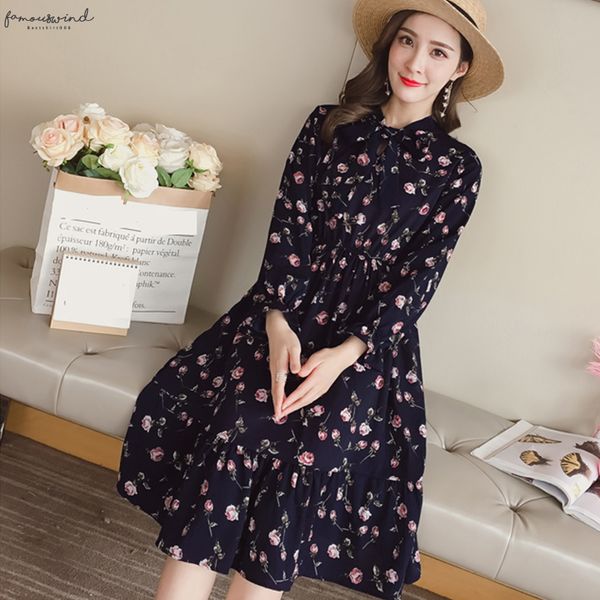 

fashion bohe women chiffon dress elegant casual a line knee length ladies sweet bohemian print bow o neck long sleeves dress, Black;gray