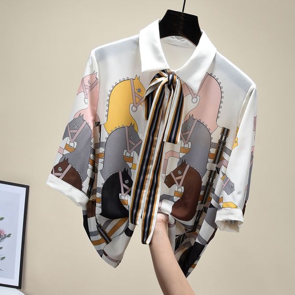 

bow shirt women's short sleeve summer blouse new retro temperament office lady chiffon blusas mujer de moda ropa mujer, White