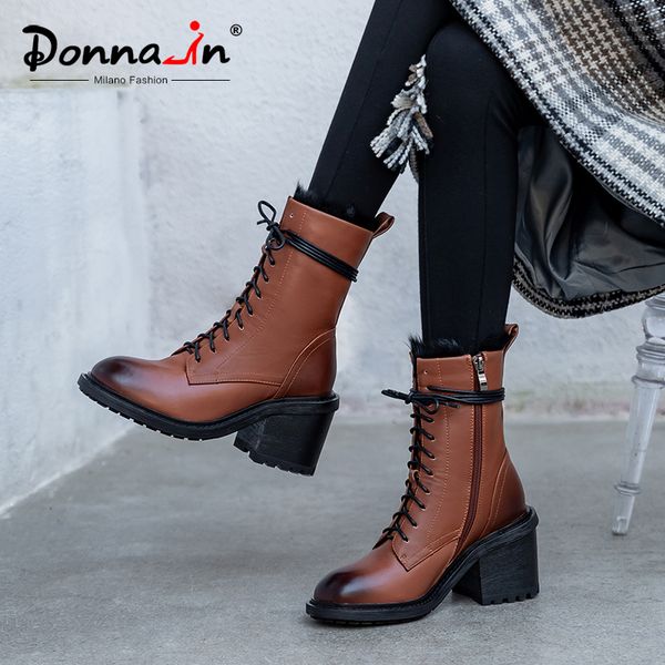 

donna-in high heels mid calf boots for women real leather plus size winter warm short plush zip shoes party fashion botas mujer, Black