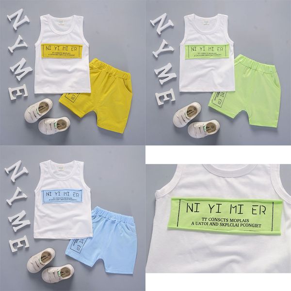 

2019 cool and refreshing style summer cotton round collar letter pattern with vest and shorts two pieces for boys and girls, White