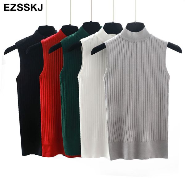 

высокий сексуальный высокое качество лето осень женщины шеи top водолазка без рукавов футболки тонкий трикотажная майка женский tee трикотаж, White