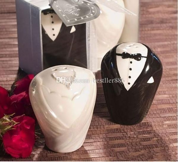 Noiva e noivo cerâmica sal pimenta shakers favor do casamento (conjunto de 2) Presentes Wedding Party Favors Supplies grátis