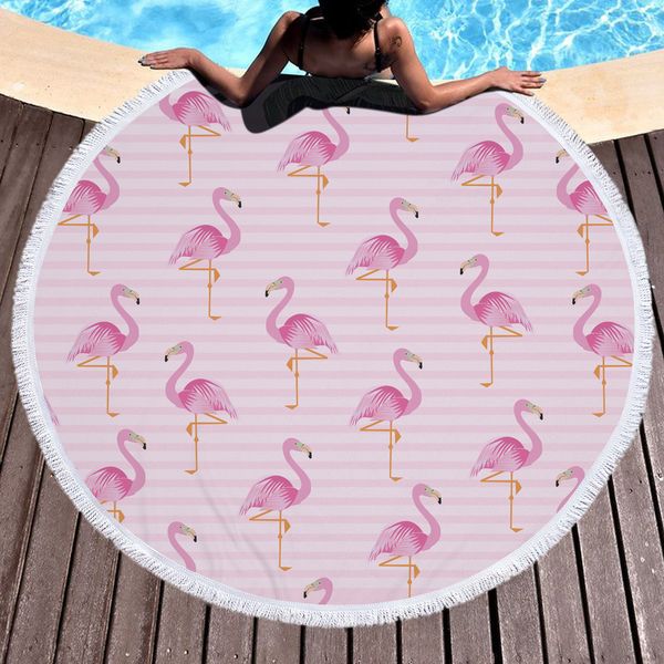 

retail 5 colors baby blanket flamingo printed round beach towel microfiber plus tassel weighted blanket outdoor bath towels blanket quick