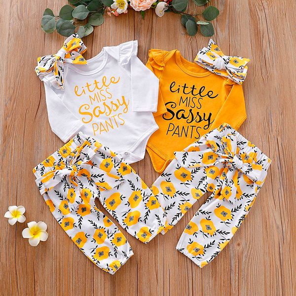 

младенческой девочки письмо печати комбинезон боди + цветочные брюки + оголовье наряды, White