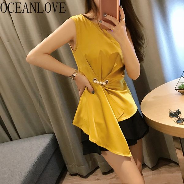 

oceanlove solid office lady shirts irregular sleeveless chiffon blouses 2019 summer beading clothing korean women 11685, White