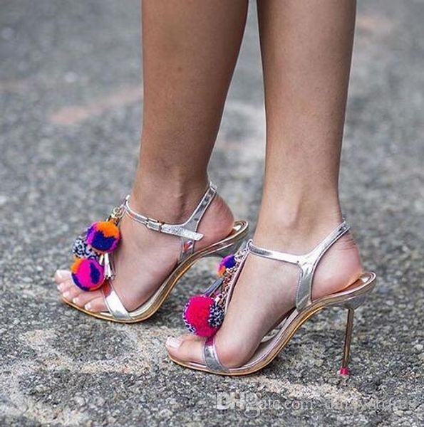 

amazing lady fringed ball thin high heels sandals summmer open toe mixed color cute sandals shoes brand stiletto pumps shoes, Black
