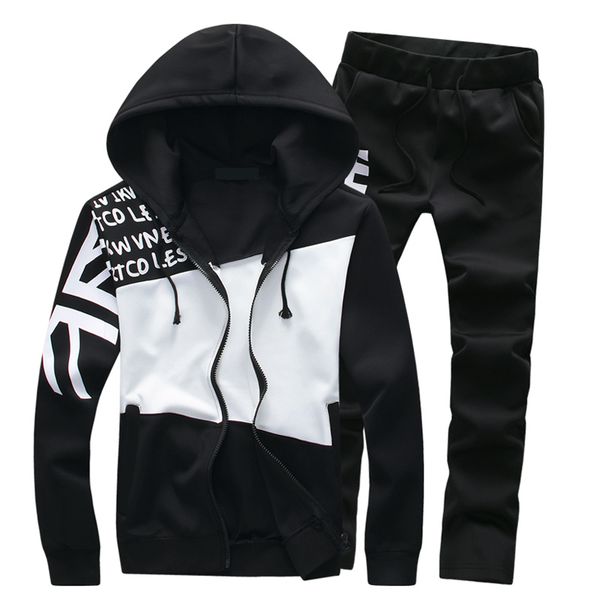 

2 pieces sets autumn new men fashion men tracksuit casual sweatshirt and sweatpants printed design track set 4xl 5xl, Black
