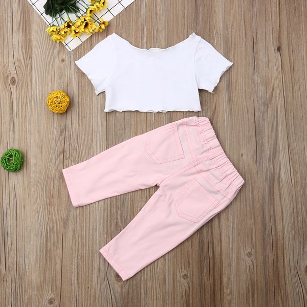 

pudcoco 2019 summer infant baby girl kid ice cream t-shirt ripped trousers pink pants sunsuit clothes fashion set, White