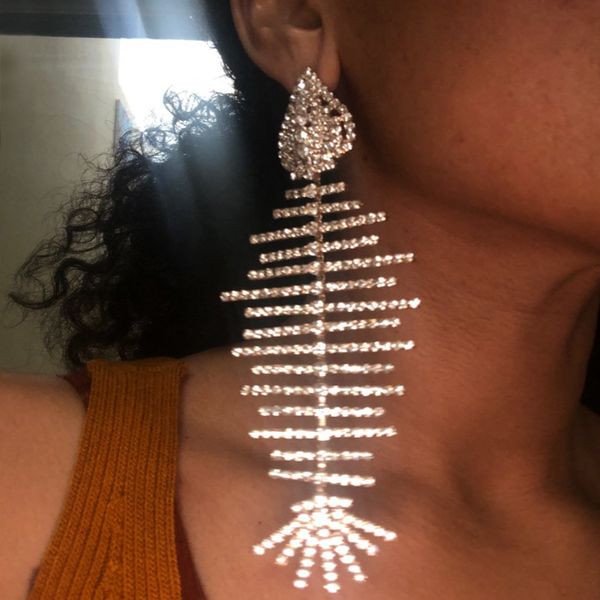 

luxury shiny rhinestone fish bone charms drop dangle earrings for women fashion jewelry boho maxi statement earrings accessory, Silver
