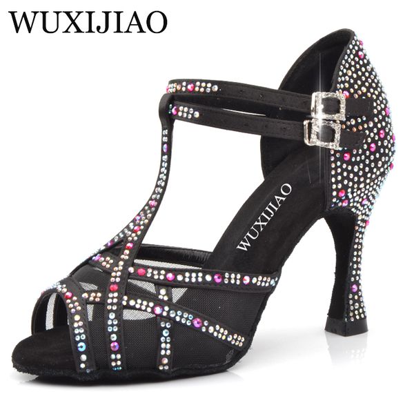 

wuxijiao ladies latin dance shoes with black satin rhinestone style high heels salsa dancing shoes heel 9cm