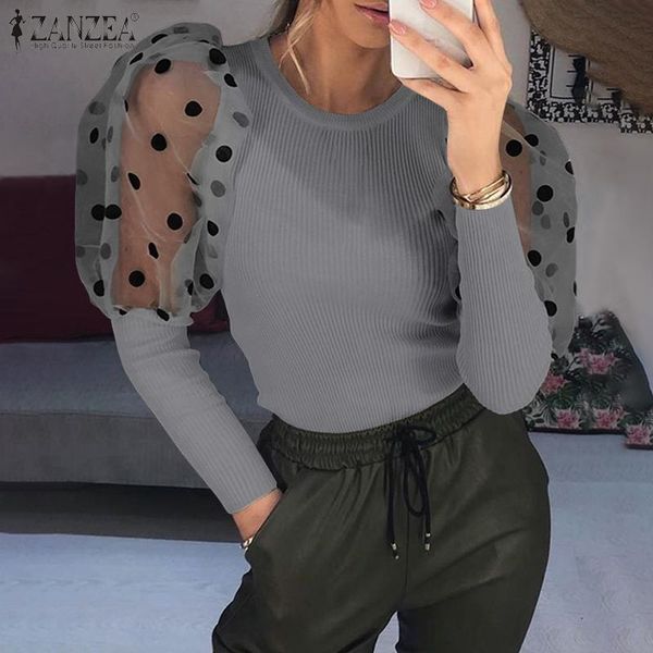 

zanzea fashion women polka dot shirt casual mesh long puff sleeve blouse spring patchwork female ribbed robe blusas mujer, White