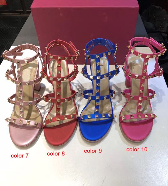 

women leather stud sandals t-strap sandal summer high heels rivets shoes ladies party shoes 6.5cm 9.5cm 15color with box, Black