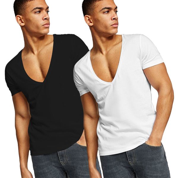 

men fashion plain design t-shirt with super deep v neck muscle fit tee, White;black