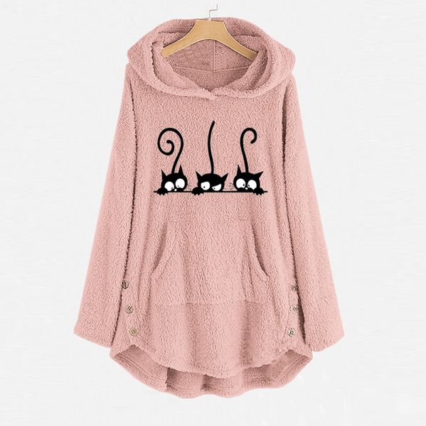 

womens fleece sweatshirt oversized hoodie cat embroidery plus size autumn winter warm outwear hoodie casual button casaco, Black