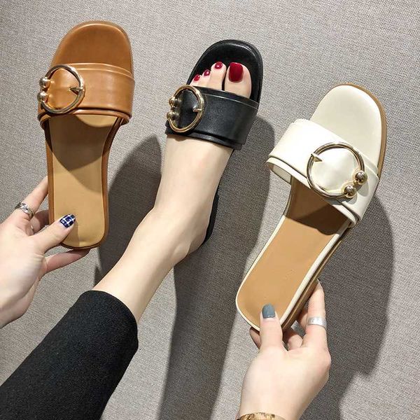 

summer woman slippers buckle pu leather slipper out side slides women flats slip on home slipper zapatos mujertyu789, Black
