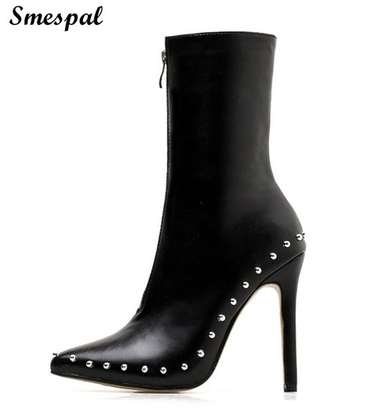 

women elegant leather like 11.5 cm thin heeled boots shoes with rivet details, Black
