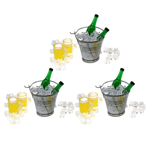 

3x miniature wine bottle+cups+ice bucket set for doll drinks kitchen toy