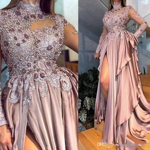 

arabic aso ebi beaded appliques long sleeves prom dresses 2020 high neck dusty pink chiffon formal evening gowns party ball dress, Black