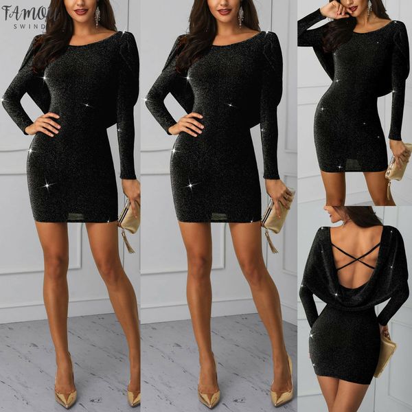 

women sequined backless mini pencil dress draped long sleeve shinny black party evening vestidos s-xl new, Black;gray
