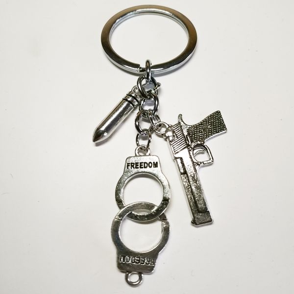 

new hot ancient silver пистолет наручники пули шарм брелок keyring мода творческий женщины мужчины ювелирный дизайнер брелок лучший друг под, Slivery;golden