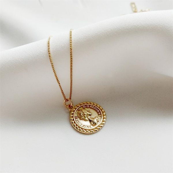 

Gold Color 925 Sterling Silver Elizabeth Avatar Round Coin Statement Pendants Necklace Women Charms Choker Fashion Boho Jewelry