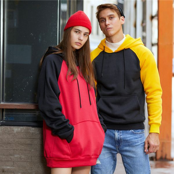

feitong autumn winter couple sweatshirt fashion trendy casual stitching pocket hooded streetwear warm pullovers sweatshirts, Black