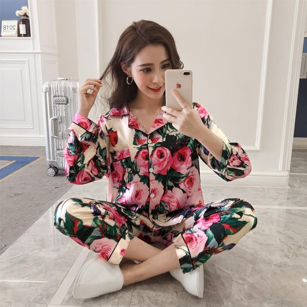 

women's casual nightwear suit autumn ladies satin silk pajamas sets long sleeve +pants sleepwear mujer pyjama female, Blue;gray