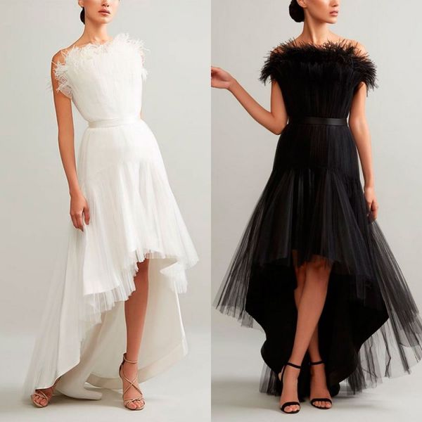 

ashi studio 2019 evening dresses a line strapless hi-lo sleeveless lace feather ruffle formal prom dress arabic special occasion gowns, Black;red