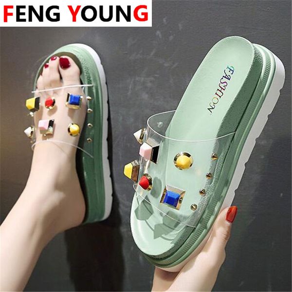

women 5.5cm platform open toed slippers women transparent pvc rivet slides fashion female summer chunky outside beach casual, Black