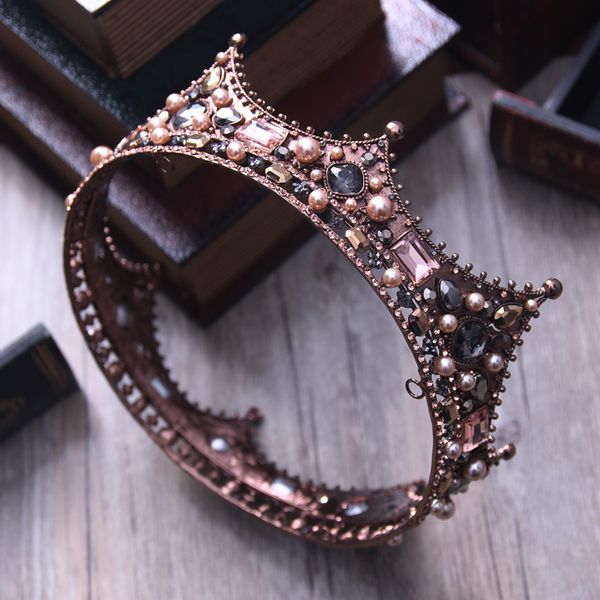 

baroque vintage black rhinestone beads round big crown wedding hair accessories luxury crystal queen king crowns bridal tiaras, Golden;white