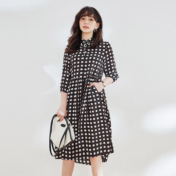 

rongtai] 2020 summer mulberry silk lapel french plaid silk dress retro temperament medium length children, Black;gray