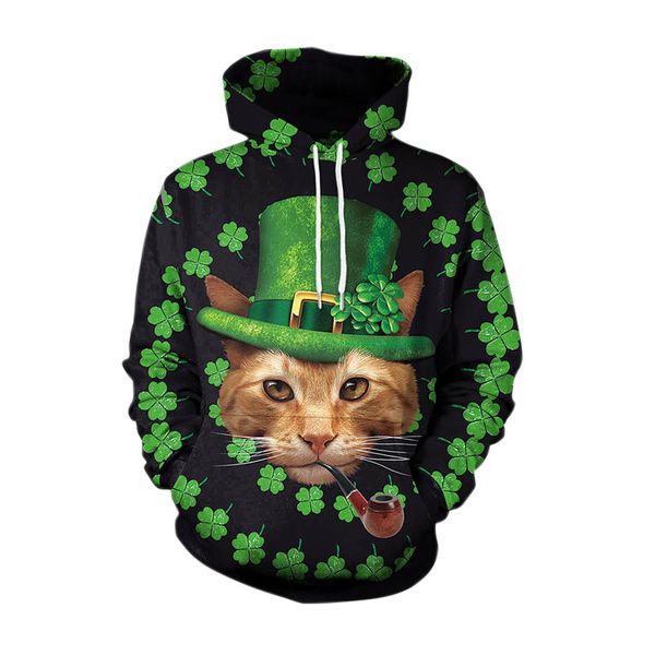 

yffushi 2019 3d hoodies men women cat 3d print green pullovers men hooded sweatshirts four-leaf clover casual streetwear, Black