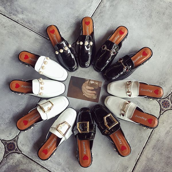 

baotou half slippers female 2019 new women's shoes wild chain square head thick with lazy no heel a word sandals and slippers -1, Black