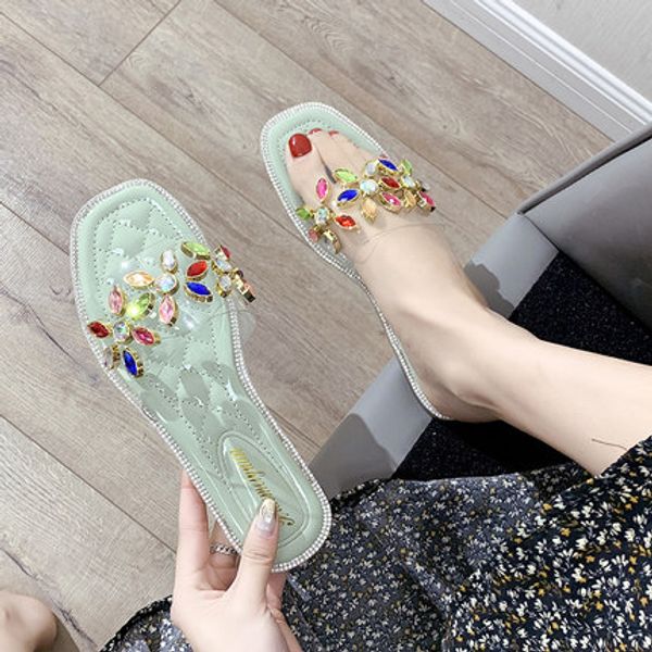 

slippers women wear 2020 summer korean rhinestone flat bottom fashion wild slippers, Black