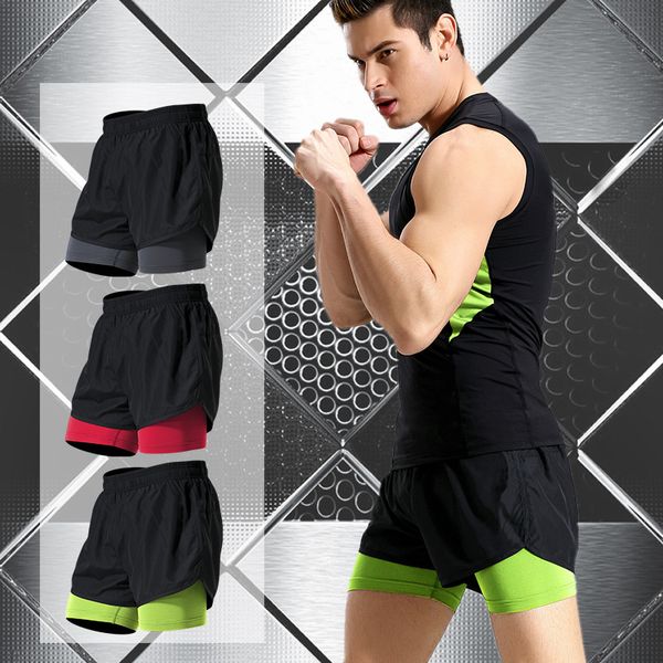 

men fake two running shorts men basketball gym sport short pants athletic tennis volleyball crossfit trianing fitness clothing, Black;blue