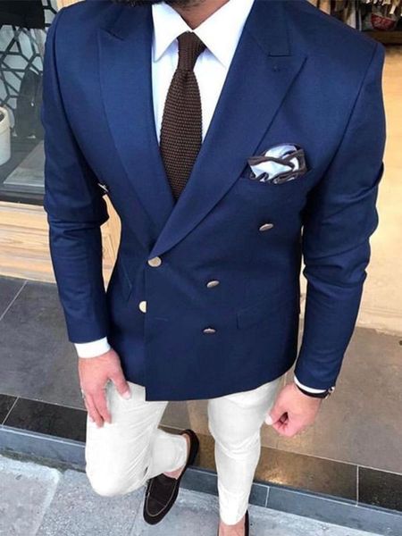 

antonioricci double breasted navy men suit with ivory pants 2 piece slim fit business peaked lapel cutsom made suit groom tuxedo, White;black