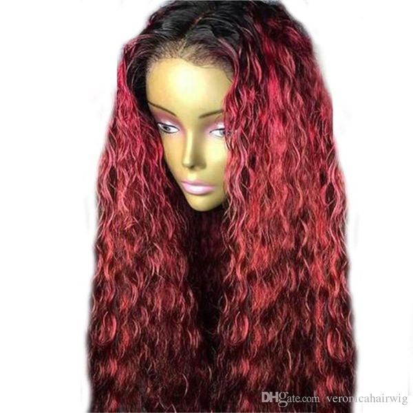 Free Part Long Kinky Curly Wigs Ombre Burgundy Dark Roots Lace