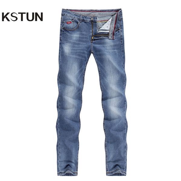 

mens jeans 2019 summer ultrathin business casual straight slim fitness elastic light blue soft gentleman trousers cowboys hombre
