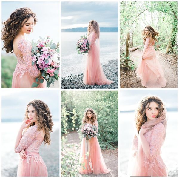 

2019 дешевые blush pink длинные рукава bohemian свадебные платья vintage кружева аппликация тюль страна пляж boho свадебное платье в stcock, White