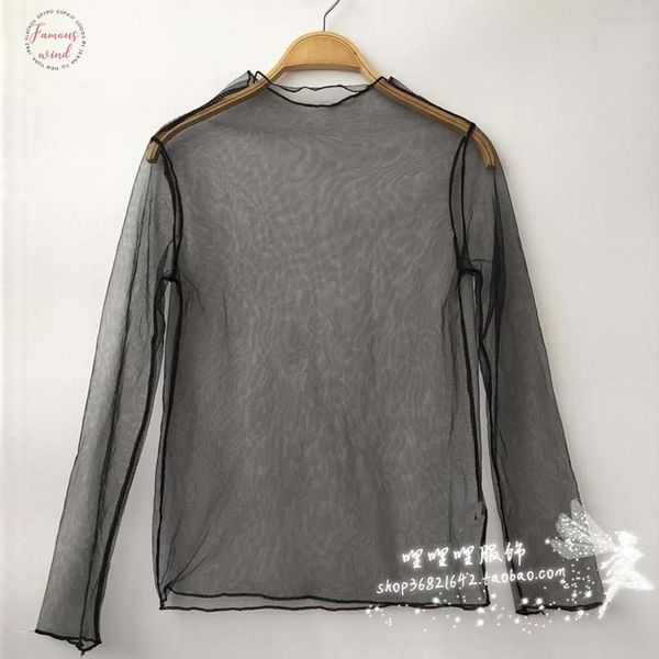 

women solid mesh see through t shirt spring summer hollow out long sleeve transparent undershirt base femininas, White