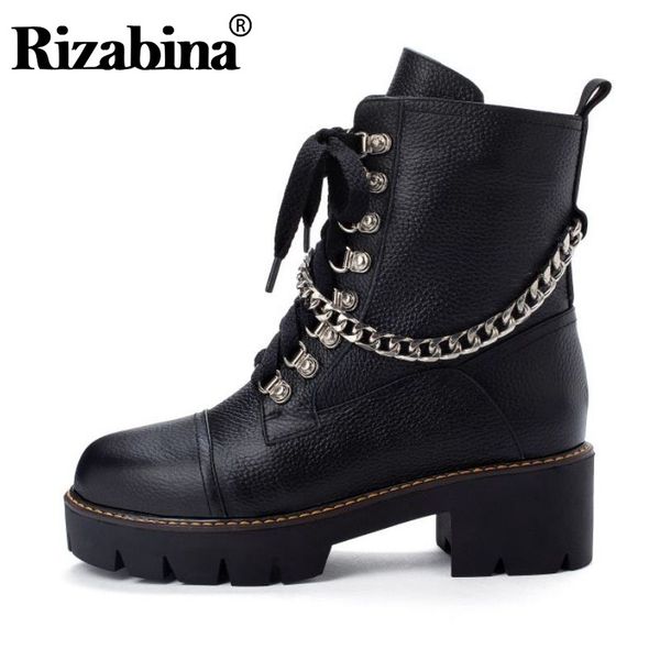 

rizabina lady real leather winter ankle boots round toe platform motorcycle boots outdoor club warm shoes woman size 34-43, Black