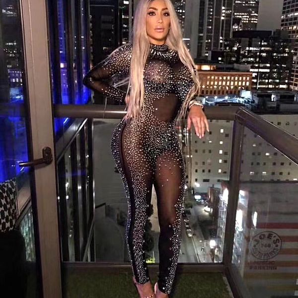 

black color ladies full length bodycon diamond jumpsuits long sleeve club night jumpsuits, Black;white