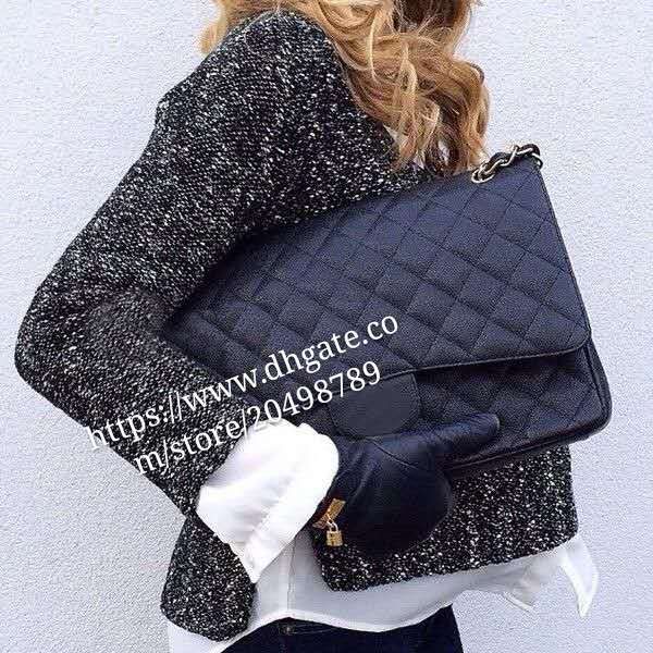 

Nice xlarge cla ial 33cm maxi black genuine caviar lamb kin leather quilted double flap d igher houlder chain bag handbag g