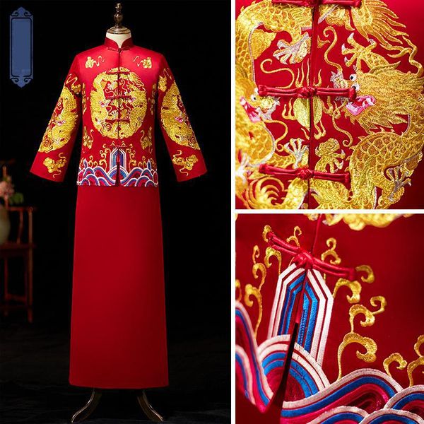 

embroidery men costume mandarin collar cheongsam vintage button dragon wedding bridegroom noble tang suit fall clothing, Red
